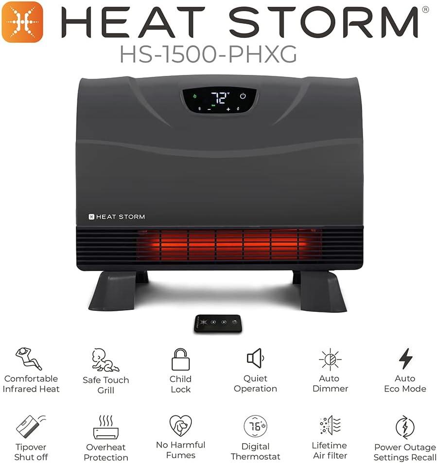 image:imageHeat Storm Phoenix HS1500PHX Infrared Space Heater with Attachable Feet Remote Control Energy Efficient7501500 Watts Gray Floor or WallGray