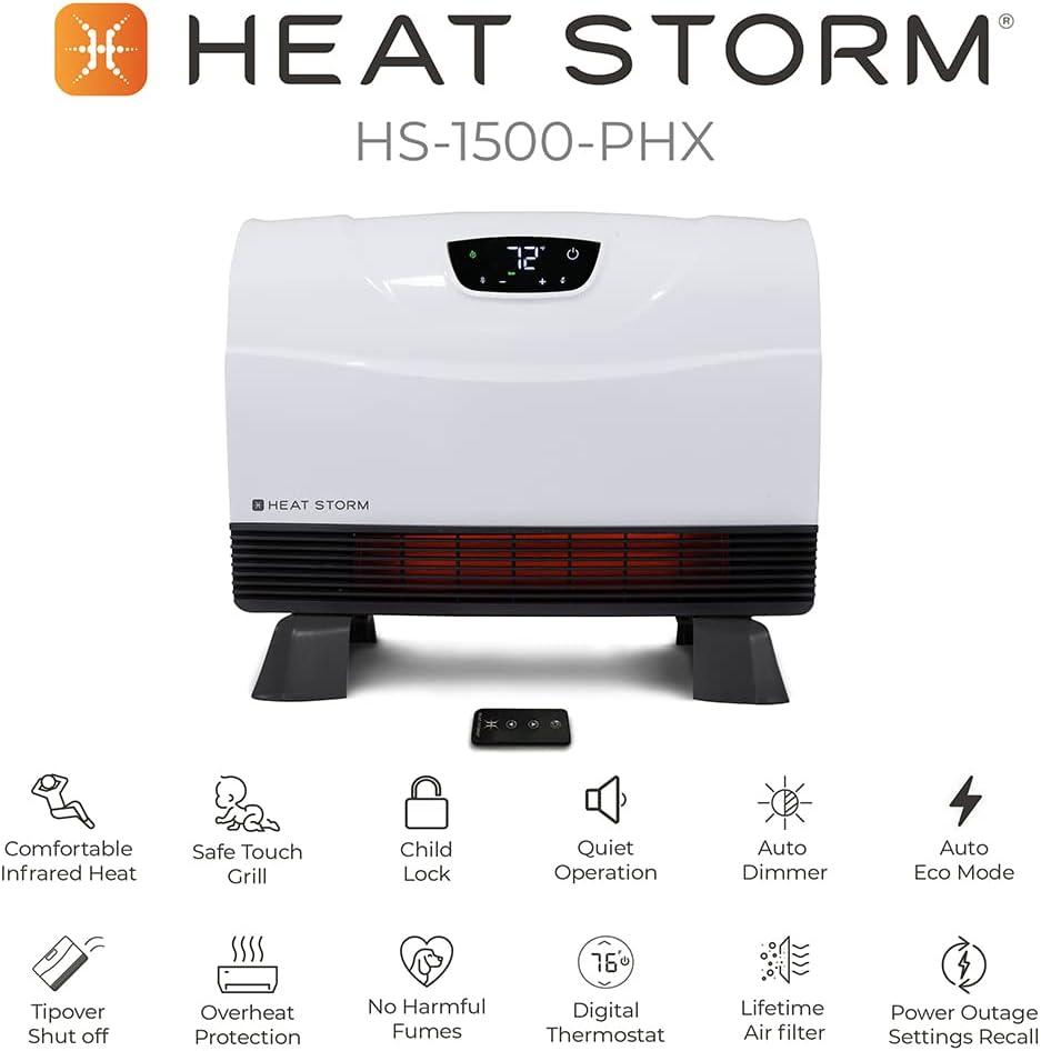 image:imageHeat Storm Phoenix HS1500PHX Infrared Space Heater with Attachable Feet Remote Control Energy Efficient7501500 Watts Gray Floor or WallWhite