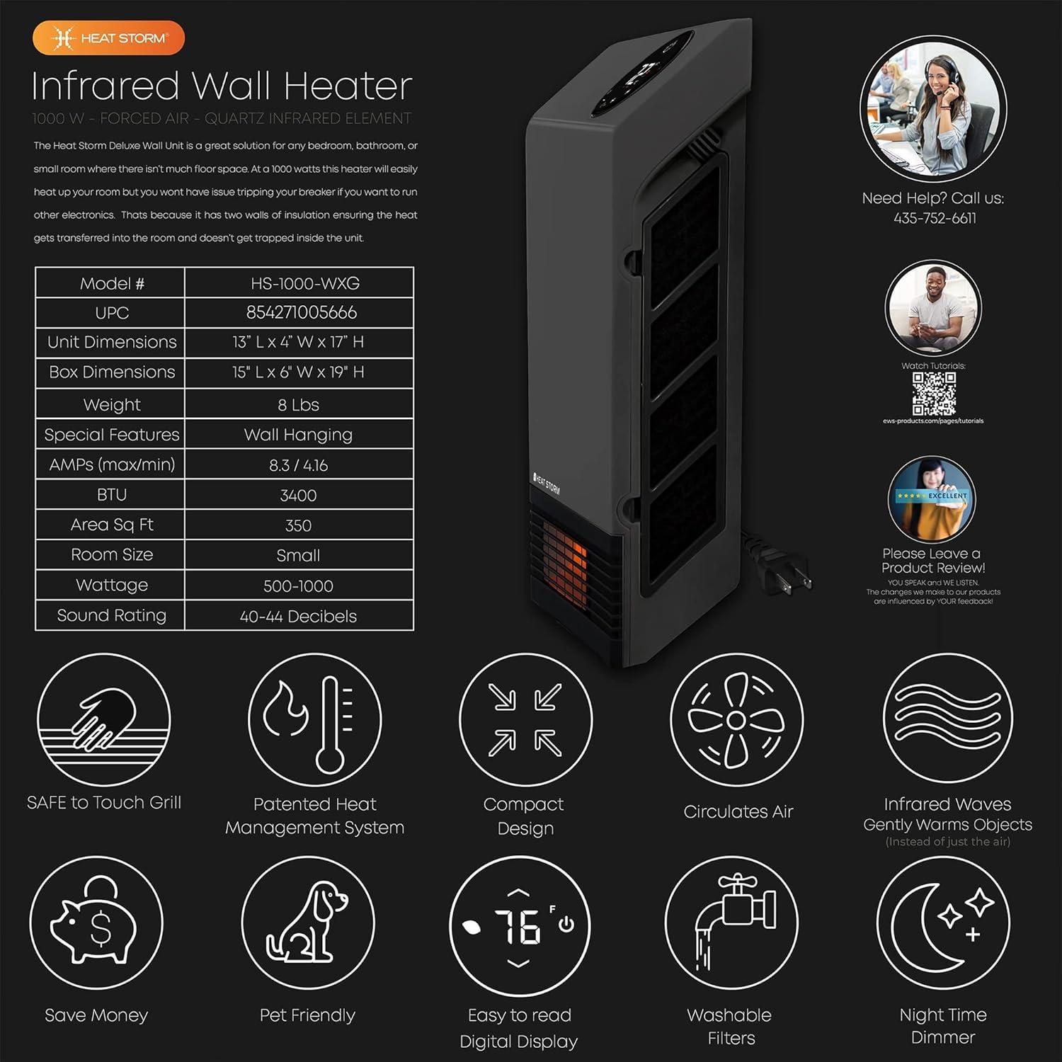 image:imageHeat Storm Wall Gray HS1000WX Deluxe Indoor Infrared Space Saving1000 WattsRemote ControlHome amp Office HeaterSafe to Touch Grill 13x4x17Gray