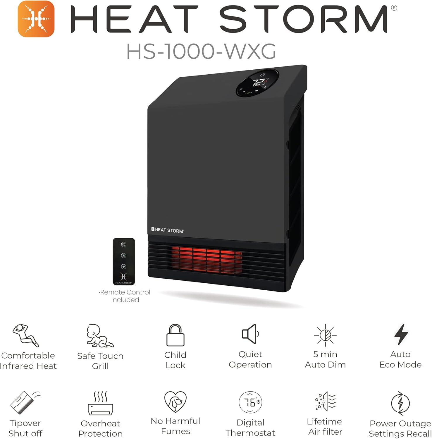 image:imageHeat Storm Wall Gray HS1000WX Deluxe Indoor Infrared Space Saving1000 WattsRemote ControlHome amp Office HeaterSafe to Touch Grill 13x4x17Gray