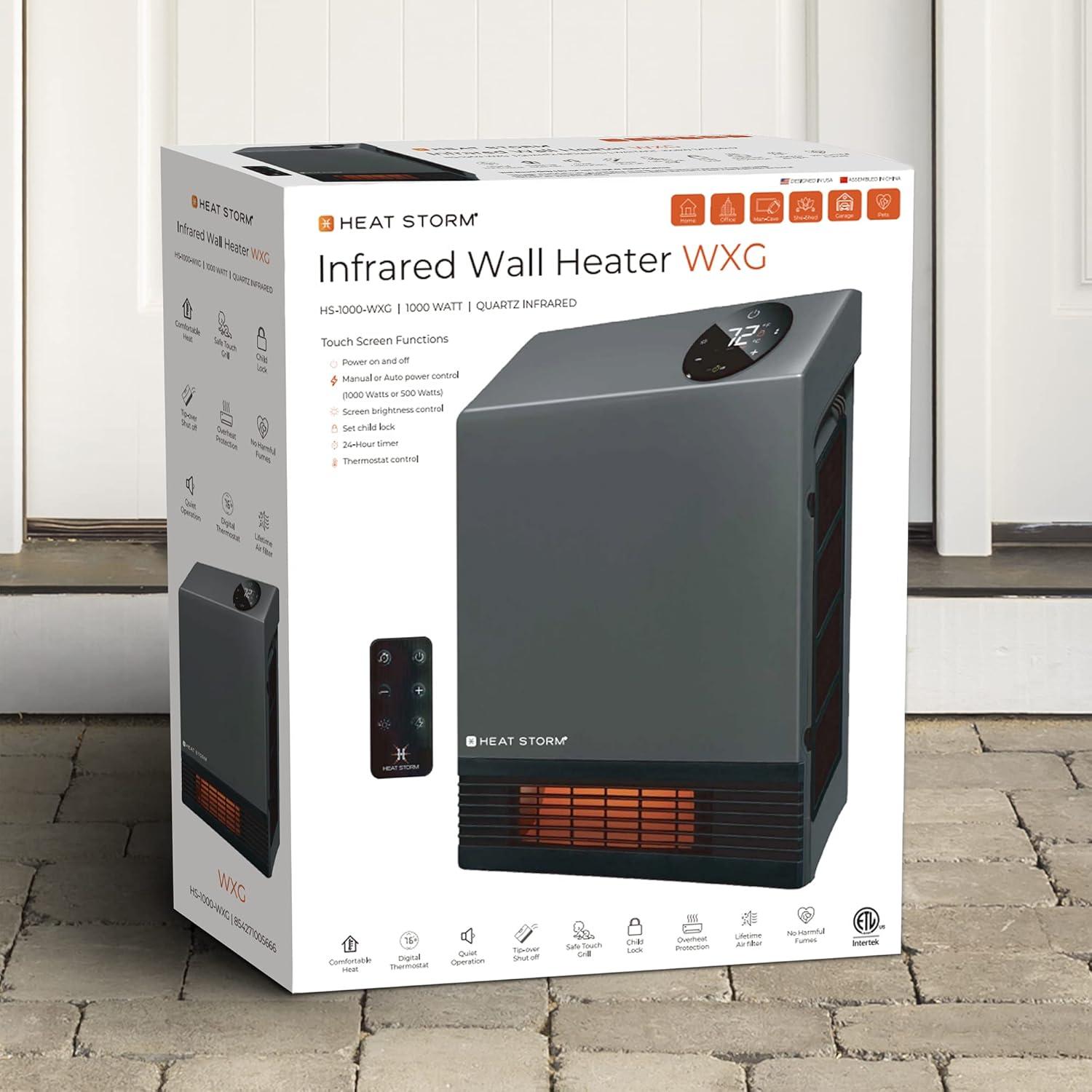 image:imageHeat Storm Wall Gray HS1000WX Deluxe Indoor Infrared Space Saving1000 WattsRemote ControlHome amp Office HeaterSafe to Touch Grill 13x4x17Gray